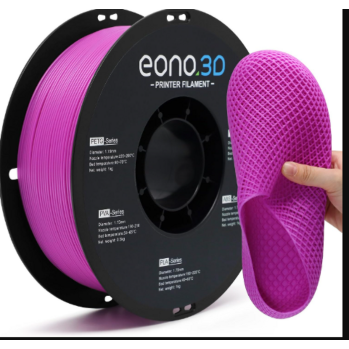 EONO3D-MTTE-PRPL-TPU - EONO3D Matte Purple TPU Filament 1.75mm, 250g - Shore 95A Flexible & Durable TPU, Matte Green, Low-Gloss Matte Finish, Minimal Layer Lines, for Phone Cases, Wearables & Functional Parts