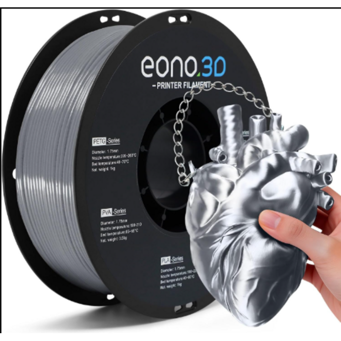 EONO3D-SLK-SLVR-TPU - EONO3D Silk Silver TPU Filament 1.75mm, 1kg – Flexible & Glossy as Silk, Shore 95A TPU Silk Silver, Soft Yet Durable for Fashion, Decor & Functional Parts, Vacuum Sealed