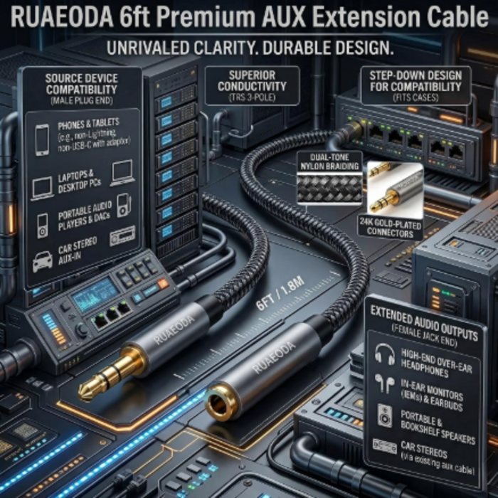 RR139 - Ruaeoda 6 ft Headphone Extension Cable - 3.5mm Male to Female Stereo Audio Extension Cable - Double Shielded Braided Long 1/8 TRS aux Cord Extender