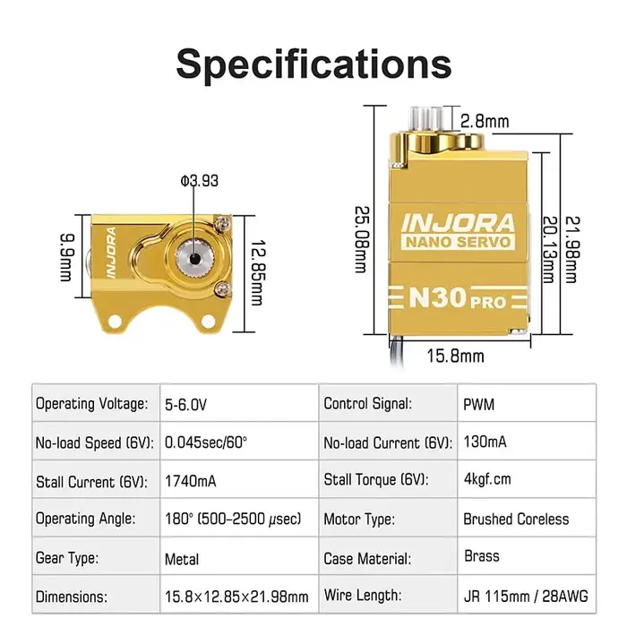 INJORA INJS-N30PRO-B - INJORA High Torque Brass N30 PRO NANO Servo with JR plug and Servo Saver for 1/30 SCX30 (JR/ZH1.5)