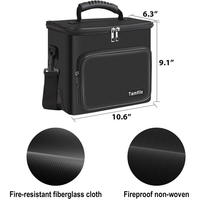 10x9x6-LIPO-BAG - Tamfile Fireproof Lipo Battery Bag with 4200°F Heat Insulated, Fireproof Battery Pack with Pockets, Explosionproof Lipo Safe Bag for Storage, Transport and Charging