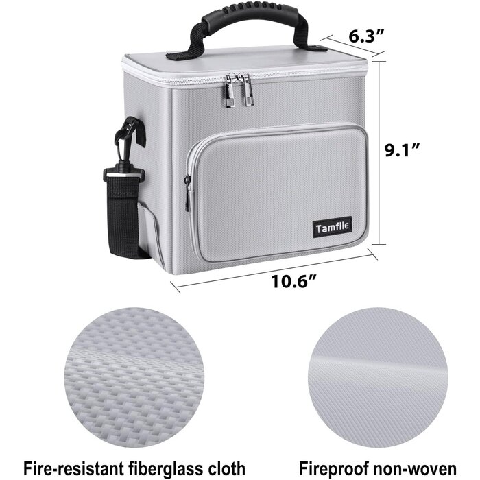 10x9x6-LIPO-BAG - Tamfile Fireproof Lipo Battery Bag with 4200°F Heat Insulated, Fireproof Battery Pack with Pockets, Explosionproof Lipo Safe Bag for Storage, Transport and Charging