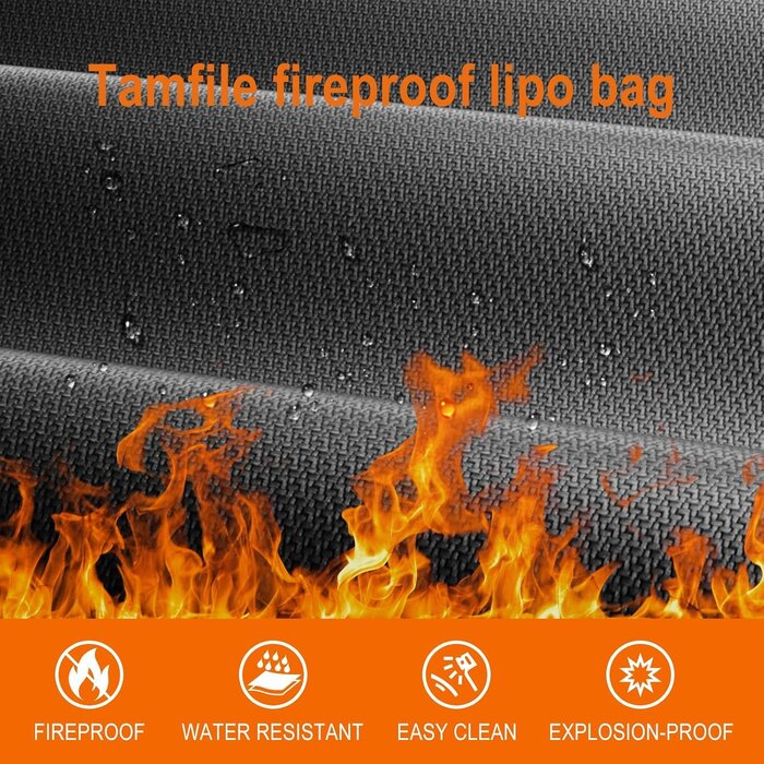 10x9x6-LIPO-BAG - Tamfile Fireproof Lipo Battery Bag with 4200°F Heat Insulated, Fireproof Battery Pack with Pockets, Explosionproof Lipo Safe Bag for Storage, Transport and Charging