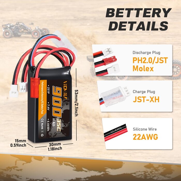 VICMILE VICMILE -900 - VICMILE  SCX24 Battery 7.4V 900mAh Lipo Battery 2S 35C (Burst 70C) FCX24 Battery with PH2.0 & JST & Molex Plug Fit for FMS SCX24 RC Car WLtoys A949 A959 A969 A979 K929 Most 1/10 1/16 1/18 1/24 RC Car Truck