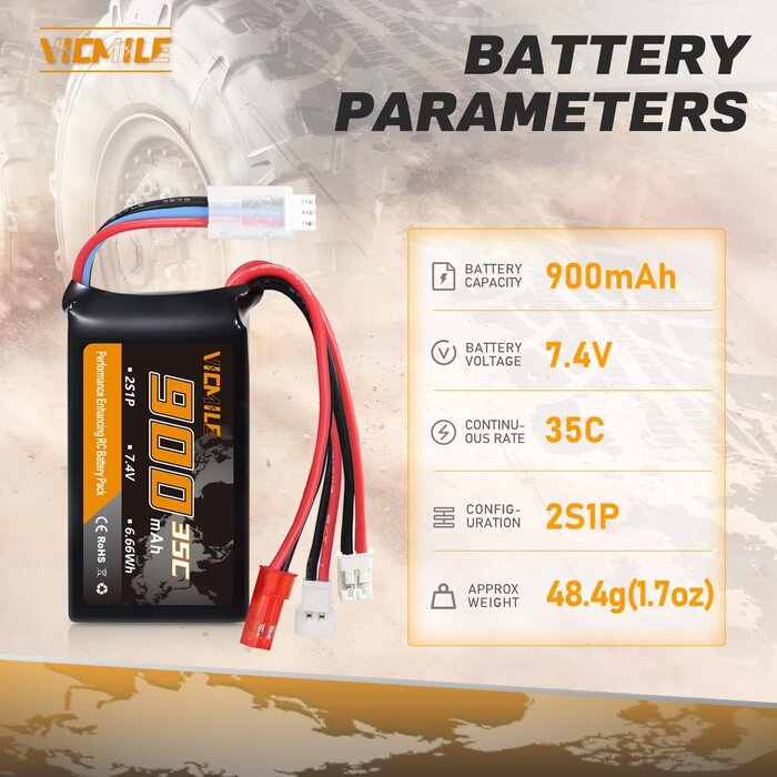 VICMILE VICMILE -900 - VICMILE  SCX24 Battery 7.4V 900mAh Lipo Battery 2S 35C (Burst 70C) FCX24 Battery with PH2.0 & JST & Molex Plug Fit for FMS SCX24 RC Car WLtoys A949 A959 A969 A979 K929 Most 1/10 1/16 1/18 1/24 RC Car Truck