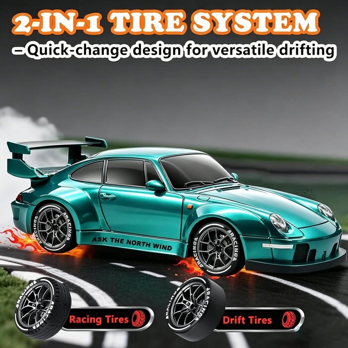 S917 - PIWIJOY 1/24 Scale Ask the North Wind RC Drift Car, 1:24 Scale Remote Control Vehicle with LED Lights, Drifting Tires & Two Batteries, Racing Sports Toy Idea Gift for Adults Boys Girls and Kids (Lake Blue)