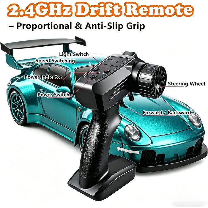 S917 - PIWIJOY 1/24 Scale Ask the North Wind RC Drift Car, 1:24 Scale Remote Control Vehicle with LED Lights, Drifting Tires & Two Batteries, Racing Sports Toy Idea Gift for Adults Boys Girls and Kids (Lake Blue)