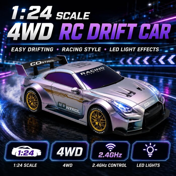 Q228 - UAKKYV Purple Racing Lorem Ipsum 1/24 Scale Remote Control Drift Racing Car 4WD High Speed with LED Lights 2.4GHz 20KM/H High Speed RC Car with Drifting Tires, Sport Racing Hobby RC Cars