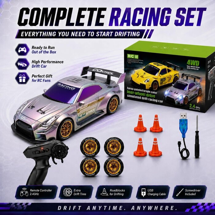 Q228 - UAKKYV Purple Racing Lorem Ipsum 1/24 Scale Remote Control Drift Racing Car 4WD High Speed with LED Lights 2.4GHz 20KM/H High Speed RC Car with Drifting Tires, Sport Racing Hobby RC Cars