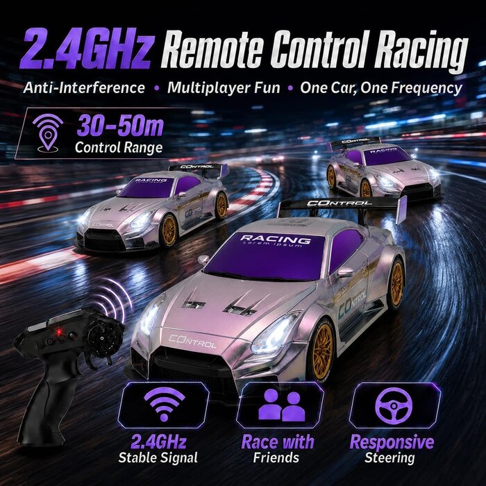 Q228 - UAKKYV Purple Racing Lorem Ipsum 1/24 Scale Remote Control Drift Racing Car 4WD High Speed with LED Lights 2.4GHz 20KM/H High Speed RC Car with Drifting Tires, Sport Racing Hobby RC Cars