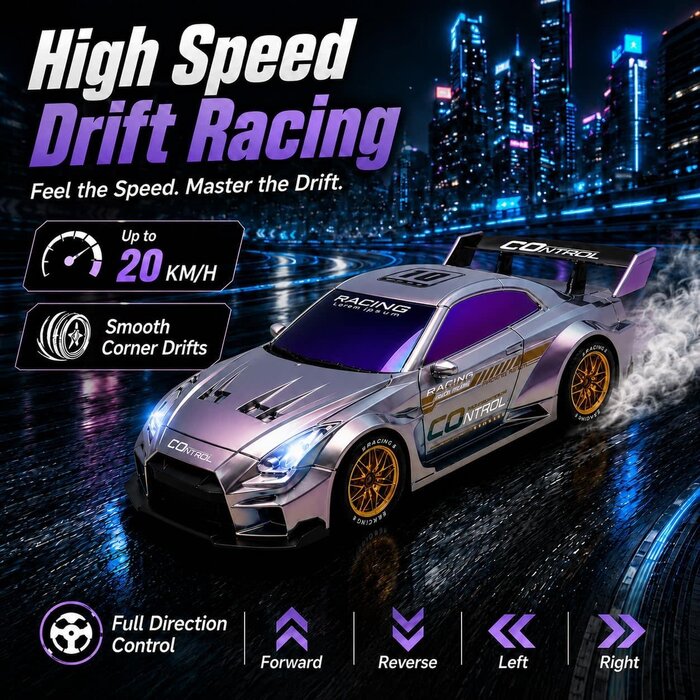 Q228 - UAKKYV Purple Racing Lorem Ipsum 1/24 Scale Remote Control Drift Racing Car 4WD High Speed with LED Lights 2.4GHz 20KM/H High Speed RC Car with Drifting Tires, Sport Racing Hobby RC Cars