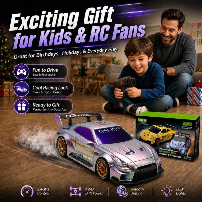 Q228 - UAKKYV Purple Racing Lorem Ipsum 1/24 Scale Remote Control Drift Racing Car 4WD High Speed with LED Lights 2.4GHz 20KM/H High Speed RC Car with Drifting Tires, Sport Racing Hobby RC Cars