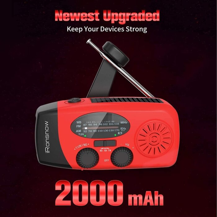 IR-088 - iRonsnow Solar Emergency Hand Crank Weather Radio, 2000mAh NOAA AM/FM Portable Self Powered Radios with SOS Alarm LED Flashlight Smart Phone USB Charger for Camping (Red)
