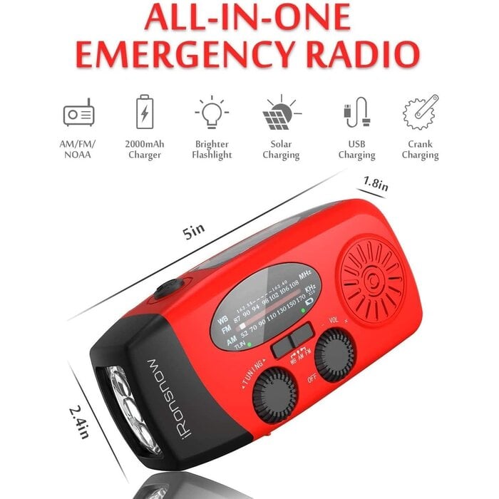IR-088 - iRonsnow Solar Emergency Hand Crank Weather Radio, 2000mAh NOAA AM/FM Portable Self Powered Radios with SOS Alarm LED Flashlight Smart Phone USB Charger for Camping (Red)