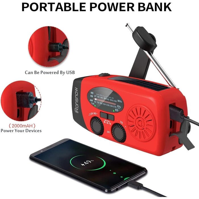 IR-088 - iRonsnow Solar Emergency Hand Crank Weather Radio, 2000mAh NOAA AM/FM Portable Self Powered Radios with SOS Alarm LED Flashlight Smart Phone USB Charger for Camping (Red)