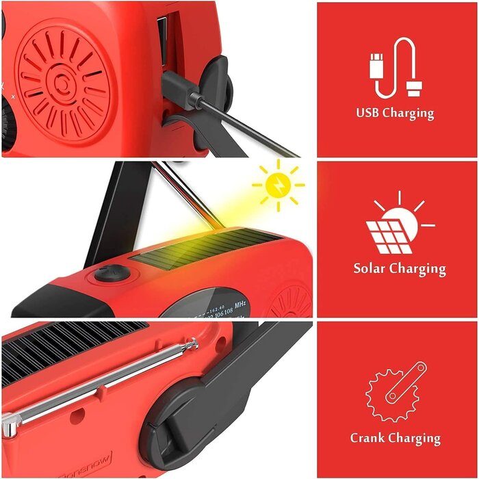 IR-088 - iRonsnow Solar Emergency Hand Crank Weather Radio, 2000mAh NOAA AM/FM Portable Self Powered Radios with SOS Alarm LED Flashlight Smart Phone USB Charger for Camping (Red)