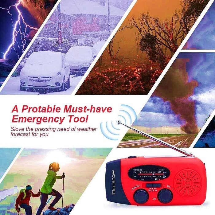 IR-088 - iRonsnow Solar Emergency Hand Crank Weather Radio, 2000mAh NOAA AM/FM Portable Self Powered Radios with SOS Alarm LED Flashlight Smart Phone USB Charger for Camping (Red)