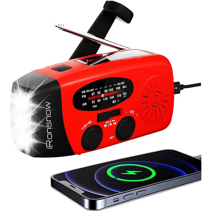 IR-088 - iRonsnow Solar Emergency Hand Crank Weather Radio, 2000mAh NOAA AM/FM Portable Self Powered Radios with SOS Alarm LED Flashlight Smart Phone USB Charger for Camping (Red)