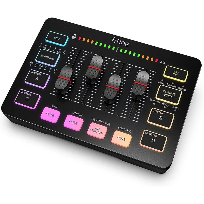 SC3 - FIFINE Ampligame SC3 Gaming Audio Mixer with Indi-Fader and Volume Control USB PnP for PC, Mute Button, XLR Preamp, RGB, VoiceChanger, 48V Phantom Power, Monitoring, Podcast, Recording, Vocal, Streaming