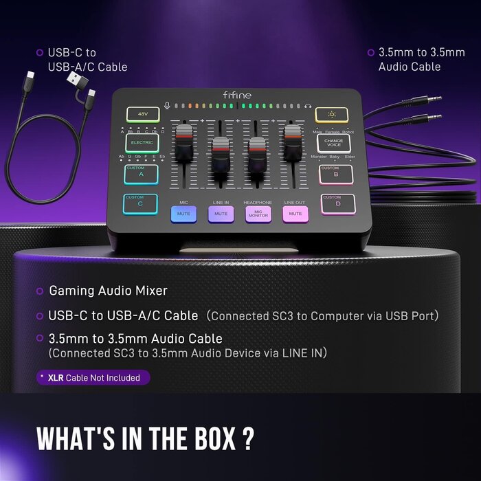 SC3 - FIFINE Ampligame SC3 Gaming Audio Mixer with Indi-Fader and Volume Control USB PnP for PC, Mute Button, XLR Preamp, RGB, VoiceChanger, 48V Phantom Power, Monitoring, Podcast, Recording, Vocal, Streaming