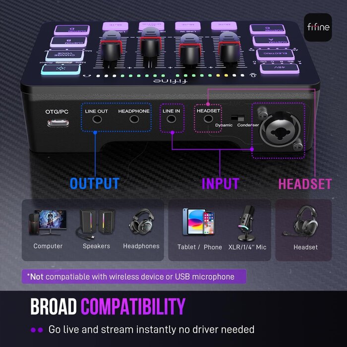 SC3 - FIFINE Ampligame SC3 Gaming Audio Mixer with Indi-Fader and Volume Control USB PnP for PC, Mute Button, XLR Preamp, RGB, VoiceChanger, 48V Phantom Power, Monitoring, Podcast, Recording, Vocal, Streaming