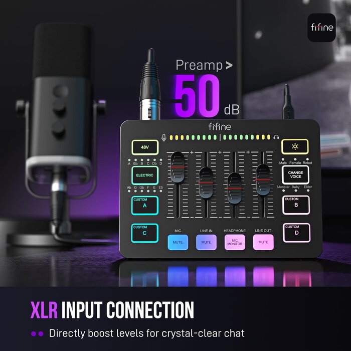 SC3 - FIFINE Ampligame SC3 Gaming Audio Mixer with Indi-Fader and Volume Control USB PnP for PC, Mute Button, XLR Preamp, RGB, VoiceChanger, 48V Phantom Power, Monitoring, Podcast, Recording, Vocal, Streaming