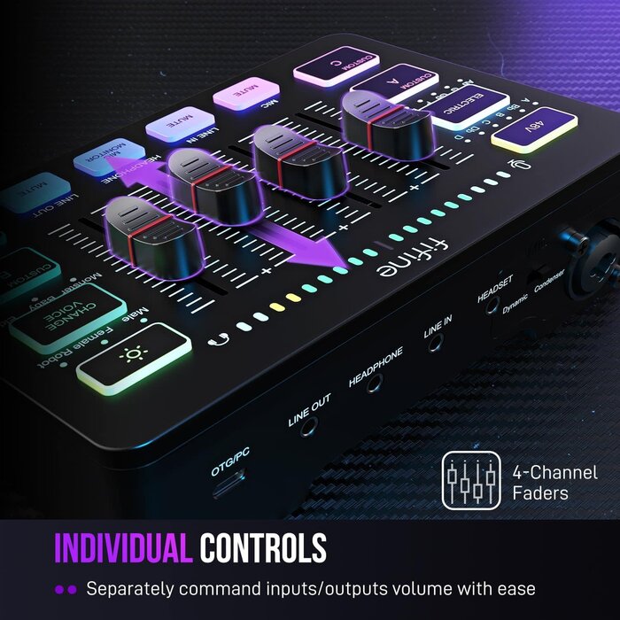 SC3 - FIFINE Ampligame SC3 Gaming Audio Mixer with Indi-Fader and Volume Control USB PnP for PC, Mute Button, XLR Preamp, RGB, VoiceChanger, 48V Phantom Power, Monitoring, Podcast, Recording, Vocal, Streaming