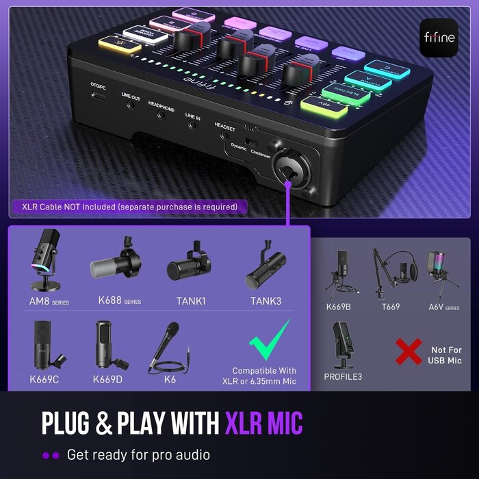 SC3 - FIFINE Ampligame SC3 Gaming Audio Mixer with Indi-Fader and Volume Control USB PnP for PC, Mute Button, XLR Preamp, RGB, VoiceChanger, 48V Phantom Power, Monitoring, Podcast, Recording, Vocal, Streaming