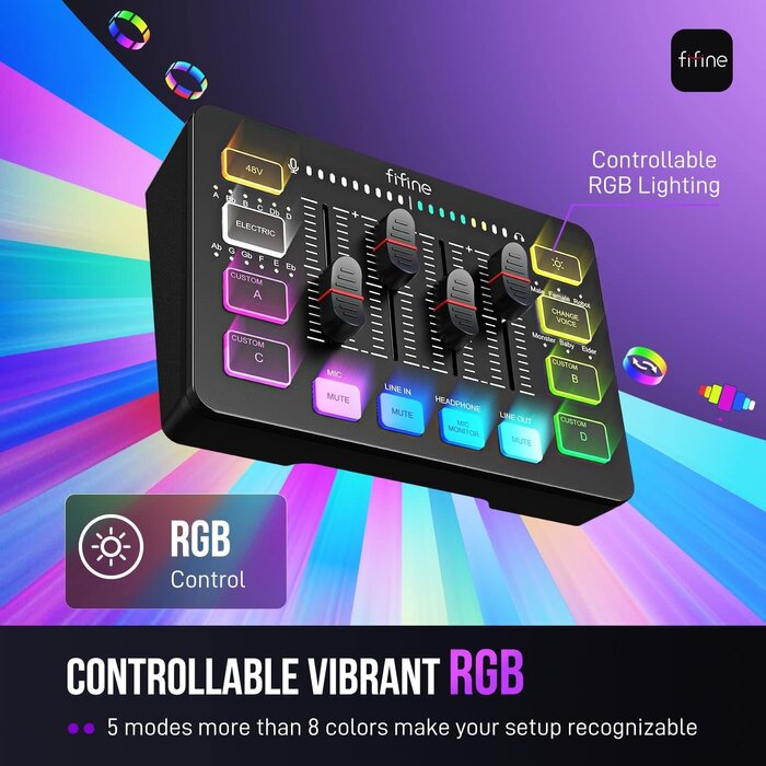SC3 - FIFINE Ampligame SC3 Gaming Audio Mixer with Indi-Fader and Volume Control USB PnP for PC, Mute Button, XLR Preamp, RGB, VoiceChanger, 48V Phantom Power, Monitoring, Podcast, Recording, Vocal, Streaming