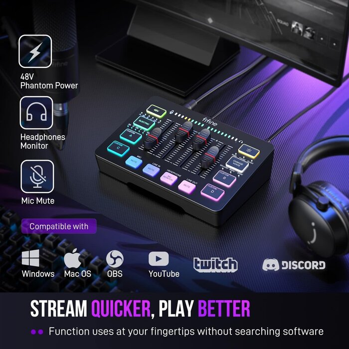 SC3 - FIFINE Ampligame SC3 Gaming Audio Mixer with Indi-Fader and Volume Control USB PnP for PC, Mute Button, XLR Preamp, RGB, VoiceChanger, 48V Phantom Power, Monitoring, Podcast, Recording, Vocal, Streaming