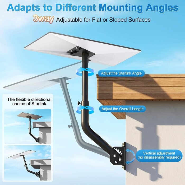 ZJ-A02 - BEIDUONA Adjustable Mount for Starlink Standard Gen 3 (4/4X/V3), Roof & Wall Mounting Kit with 30-Inch Extension Tube, No-Disassembly Angle & Height Adjustment Satellite Finders (Black)