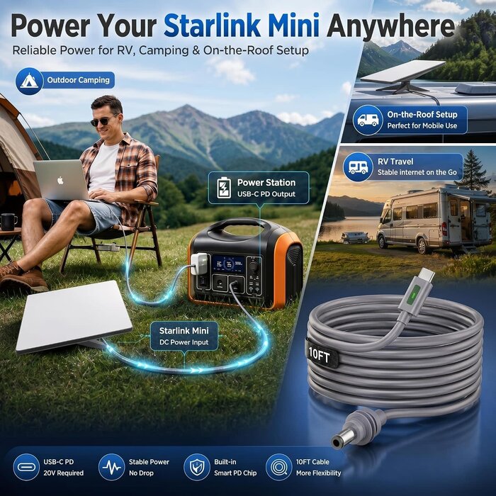 SL-TYPE/C-10ft - Thergoni Starlink Mini USB-C to DC Power Cable, 20V PD 100W Output, 18AWG Tinned Copper Wire, Stable Power Supply Cord for Outdoor Indoor, Travel & RV Use,Starlink Mini Accessories,10FT