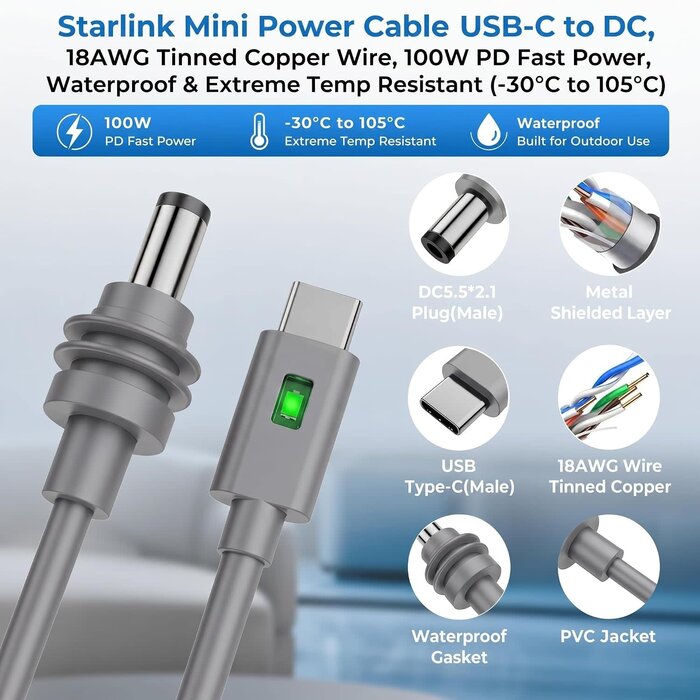 SL-TYPE/C-10ft - Thergoni Starlink Mini USB-C to DC Power Cable, 20V PD 100W Output, 18AWG Tinned Copper Wire, Stable Power Supply Cord for Outdoor Indoor, Travel & RV Use,Starlink Mini Accessories,10FT