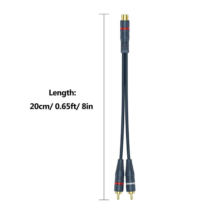 BK33 - DteeDck RCA Splitter 1 Female to 2 Male, RCA Y Splitter Audio Cable Split Dark Blue Adapter 8 inch for TV Subwoofer Car Stereo Speaker Amplifer