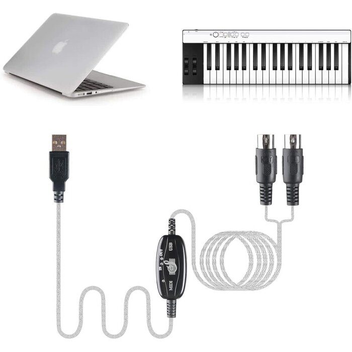MIDI23001 - TENINYU 6.5ft Dual In/Out Male 5-Pin MIDI Cable to Male USB-A Cable Converter 2 in 1 PC to Synthesizer Music Studio Keyboard Interface Wire Plug Controller Adapter Cord 16 Channels Supports Computer Laptop Windows and Mac