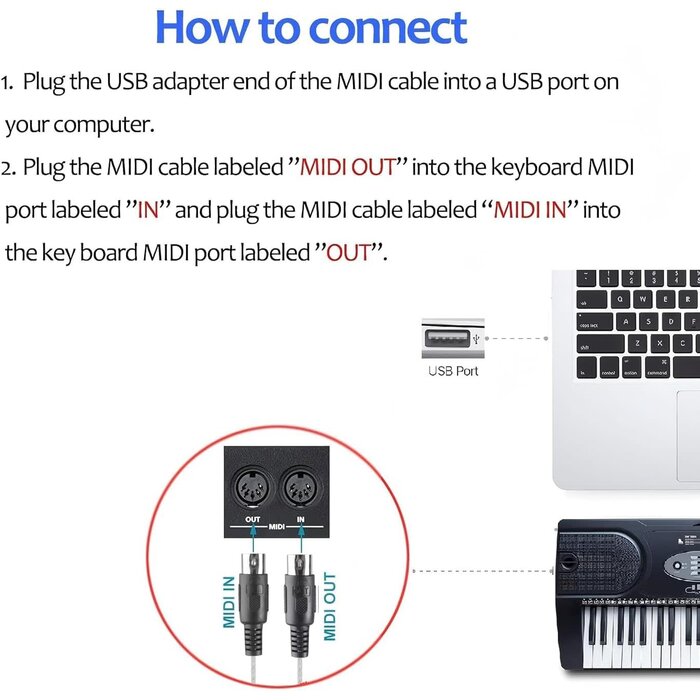 MIDI23001 - TENINYU 6.5ft Dual In/Out Male 5-Pin MIDI Cable to Male USB-A Cable Converter 2 in 1 PC to Synthesizer Music Studio Keyboard Interface Wire Plug Controller Adapter Cord 16 Channels Supports Computer Laptop Windows and Mac