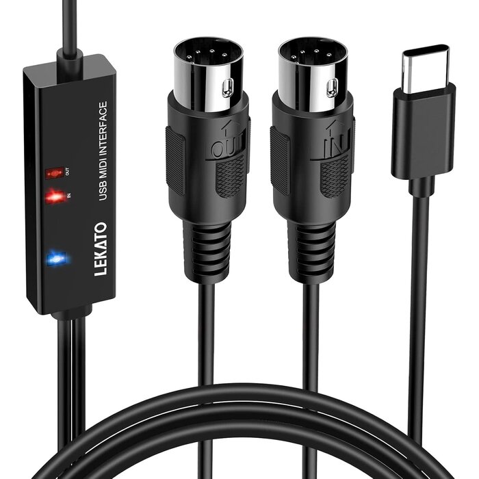 LUM-03 - LEKATO 6.5ft Dual In/Out Male 5-Pin MIDI Cable to Male USB-C, Type-C MIDI Interface with Input & Output Connecting Keyboard/Synthesizer for Editing Recording Professional Cord Windows/Mac Studio, Black