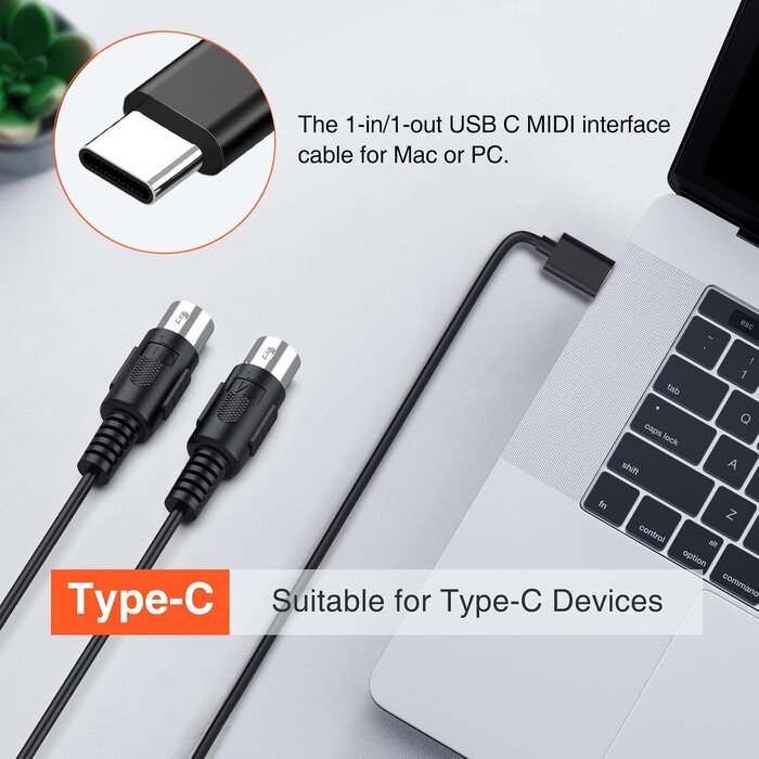 LUM-03 - LEKATO 6.5ft Dual In/Out Male 5-Pin MIDI Cable to Male USB-C, Type-C MIDI Interface with Input & Output Connecting Keyboard/Synthesizer for Editing Recording Professional Cord Windows/Mac Studio, Black