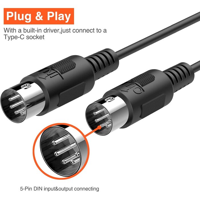 LUM-03 - LEKATO 6.5ft Dual In/Out Male 5-Pin MIDI Cable to Male USB-C, Type-C MIDI Interface with Input & Output Connecting Keyboard/Synthesizer for Editing Recording Professional Cord Windows/Mac Studio, Black