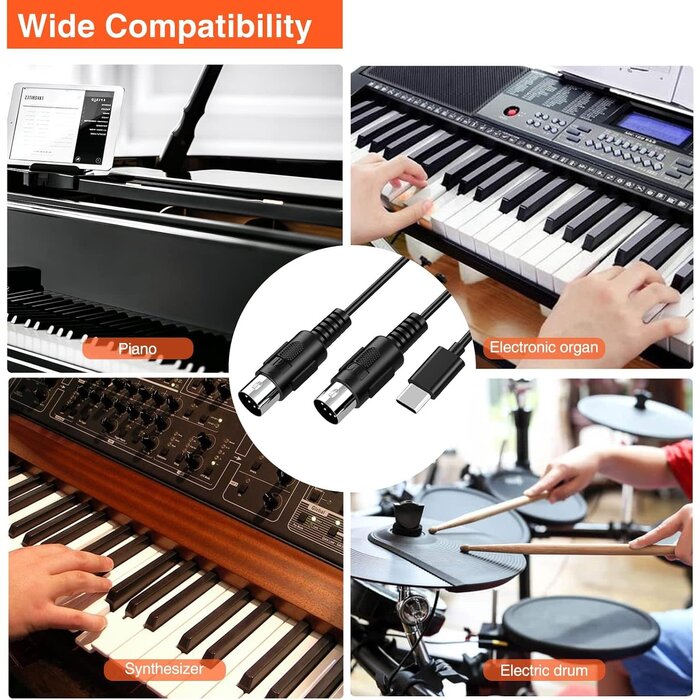 LUM-03 - LEKATO 6.5ft Dual In/Out Male 5-Pin MIDI Cable to Male USB-C, Type-C MIDI Interface with Input & Output Connecting Keyboard/Synthesizer for Editing Recording Professional Cord Windows/Mac Studio, Black