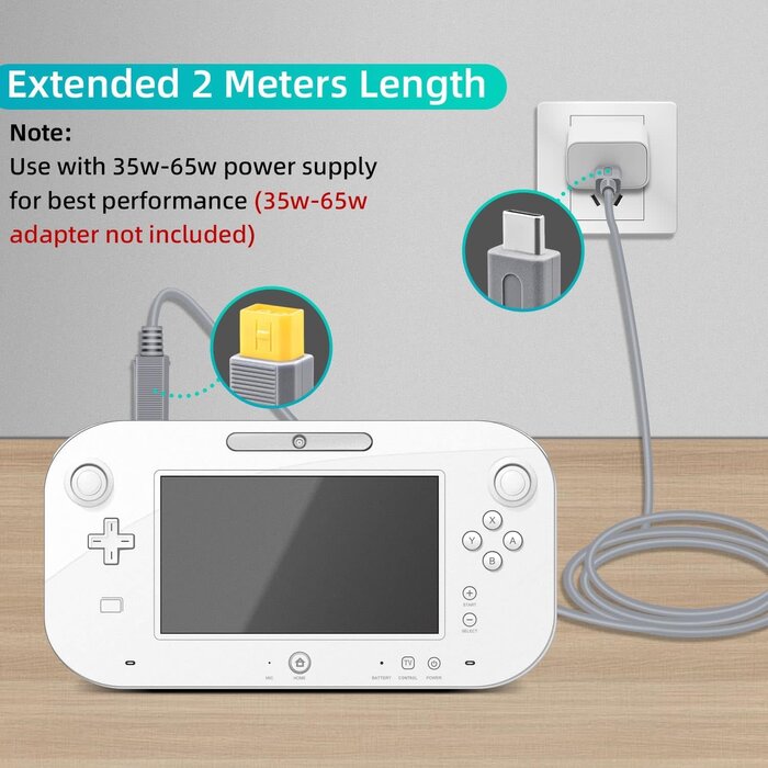 WiiU-PWR-6FT - Wigearss 6.5Ft (2M) Wii U to USB-C Power Cable, Works with a 35w-65w Power Adapter-Gray (Does not Include The Power Adapter/not Compatible with Wii)