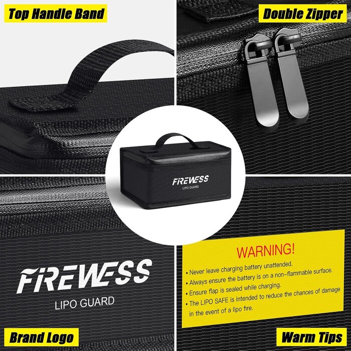 ‎LSB-BLK - FIREWESS Lipo Safe Bag Fireproof, 6.7x4.3x3.3in lithium battery bag fireproof and Explosionproof, Lipo Battery Storage Guard Safe Pouch for Charge and Storage
