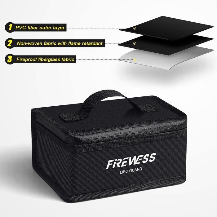 ‎LSB-BLK - FIREWESS Lipo Safe Bag Fireproof, 6.7x4.3x3.3in lithium battery bag fireproof and Explosionproof, Lipo Battery Storage Guard Safe Pouch for Charge and Storage