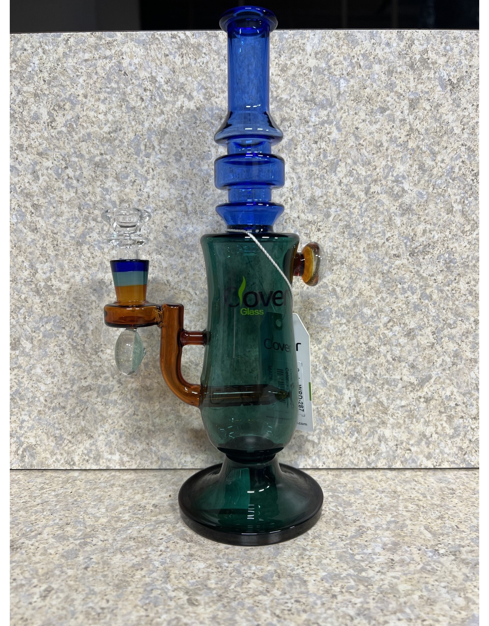 Clover Clover Palegreen 10" Ribbed Straightneck Flatbase with Dichro Bead On Body and Bowl Tubular Perc