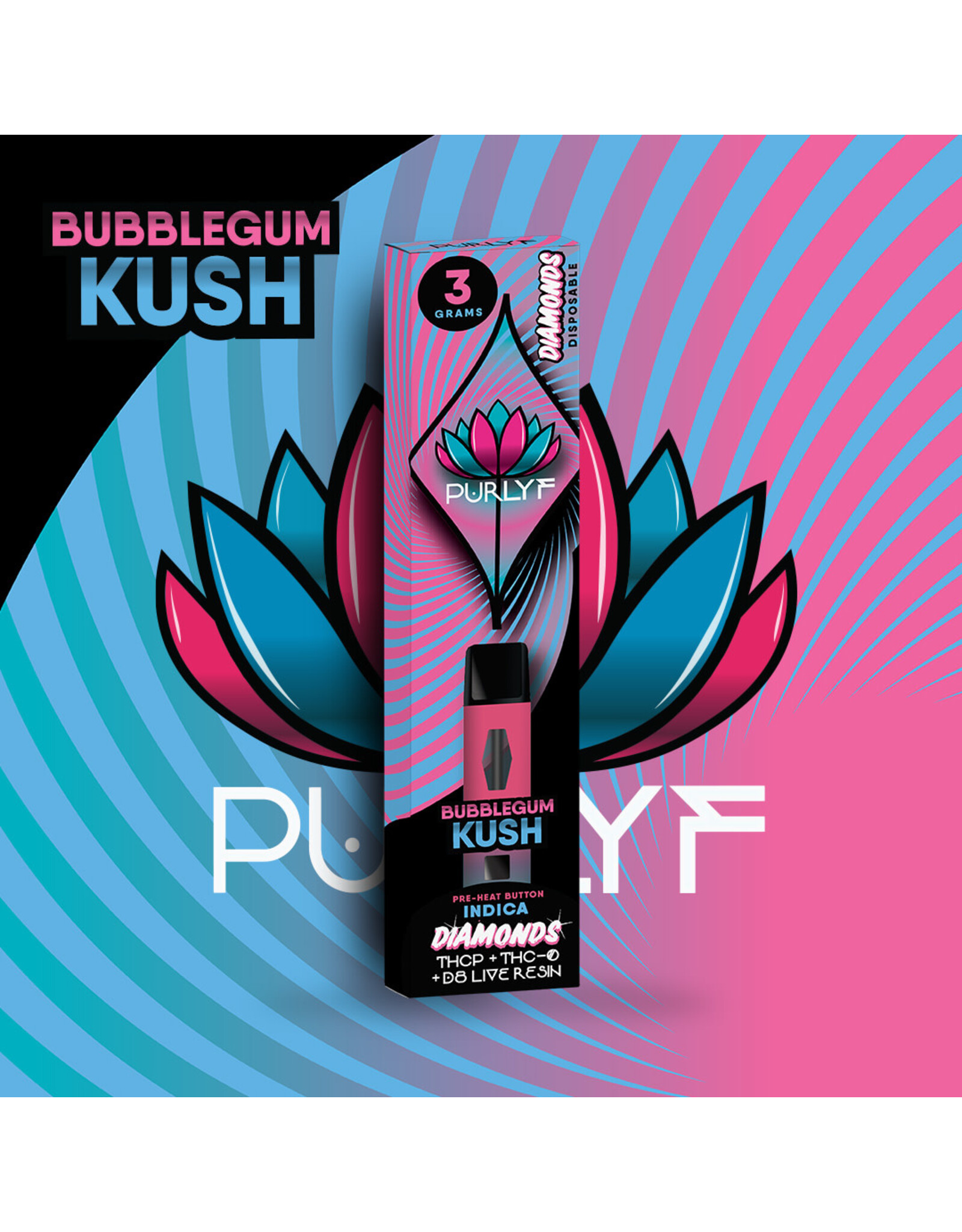 Purlyf Diamonds 3g Bubblegum Kush THCP+THCA+D8 Live Resin Disposable