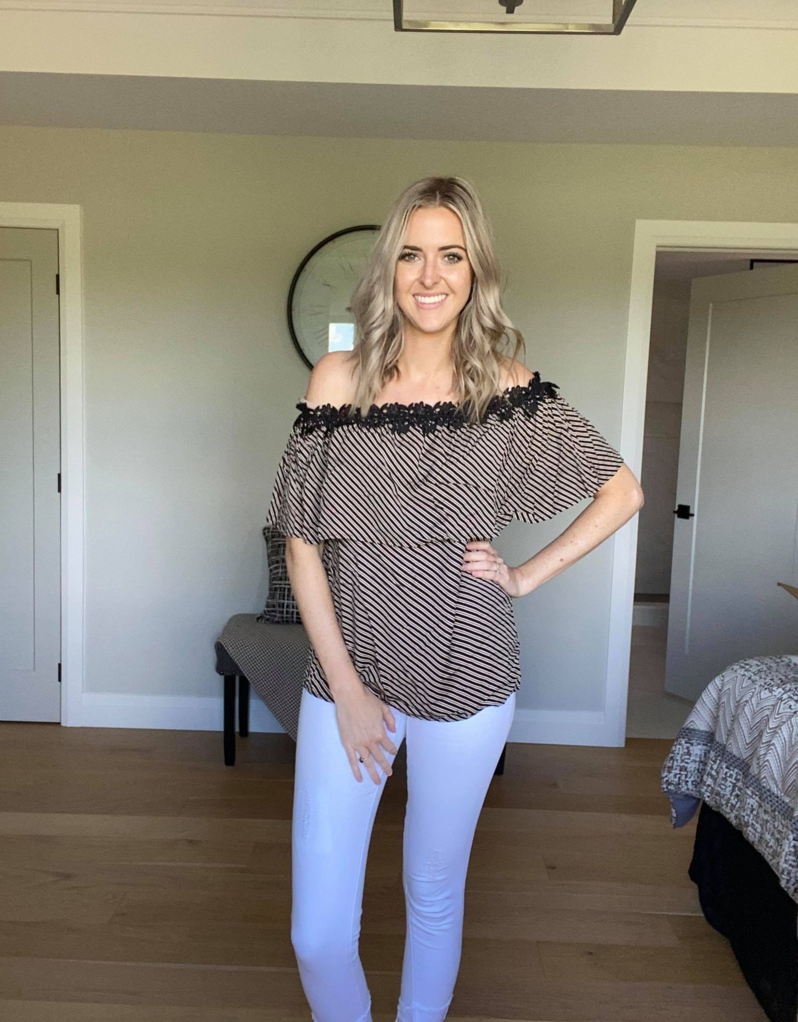 Off the Shoulder Lace Striped Top