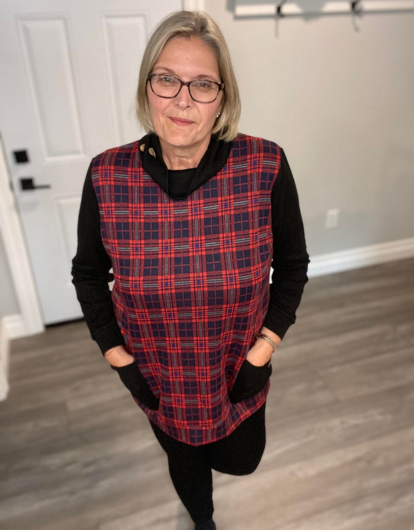 Plaid Top with Cowl and Pockets