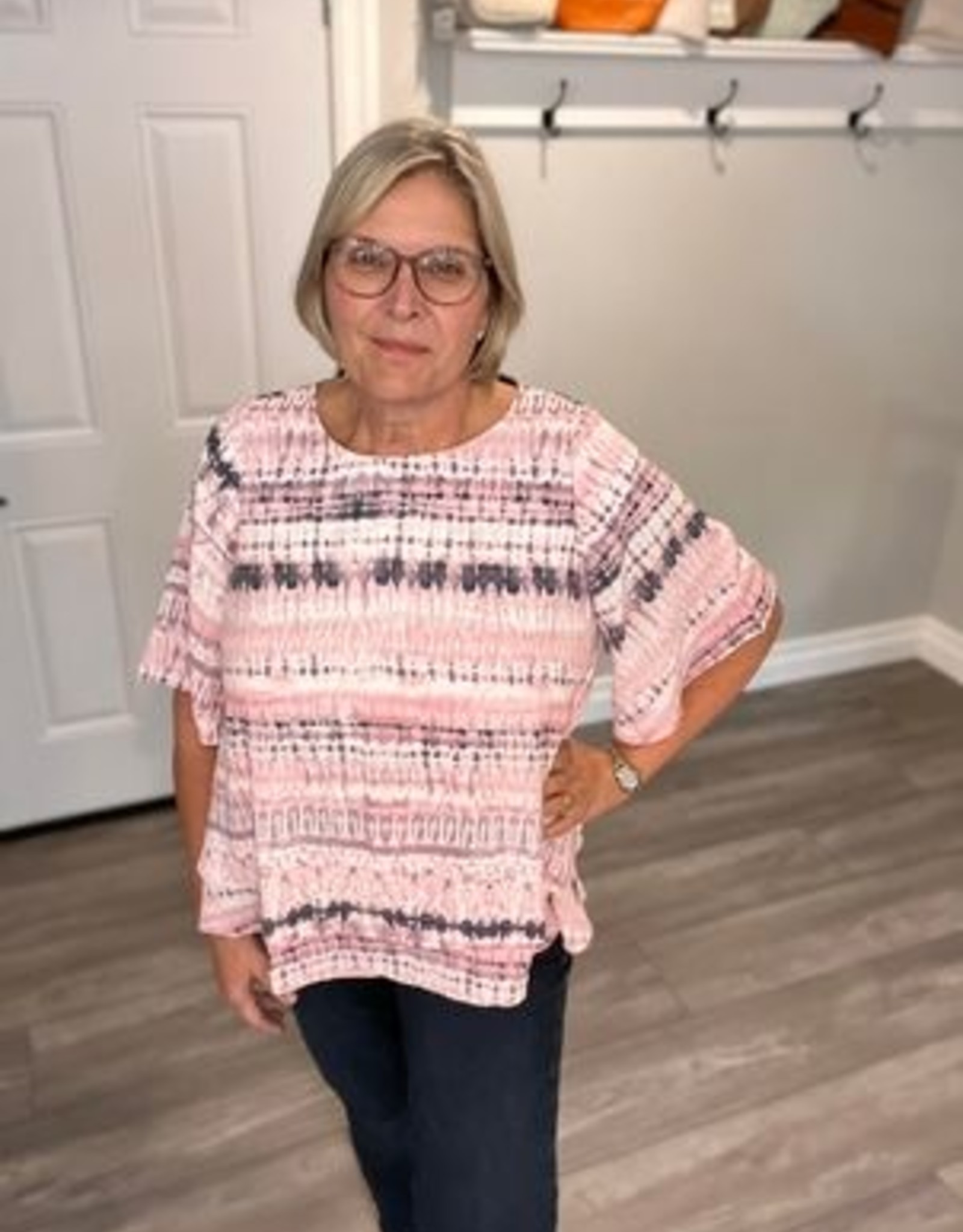 Red Coral Small Print Layered Crepe Blouse