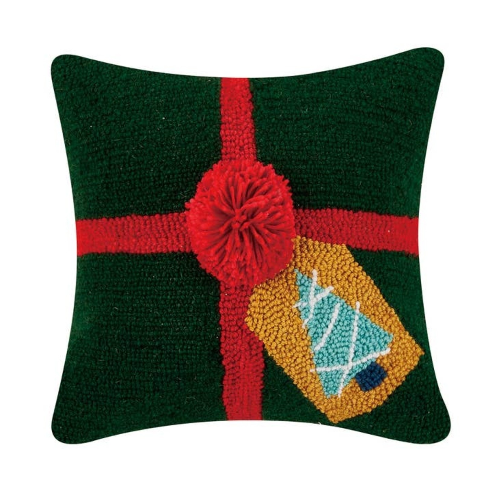 Needlepoint, Green Gift With Pom Pom Hook Pillow by Ampersand