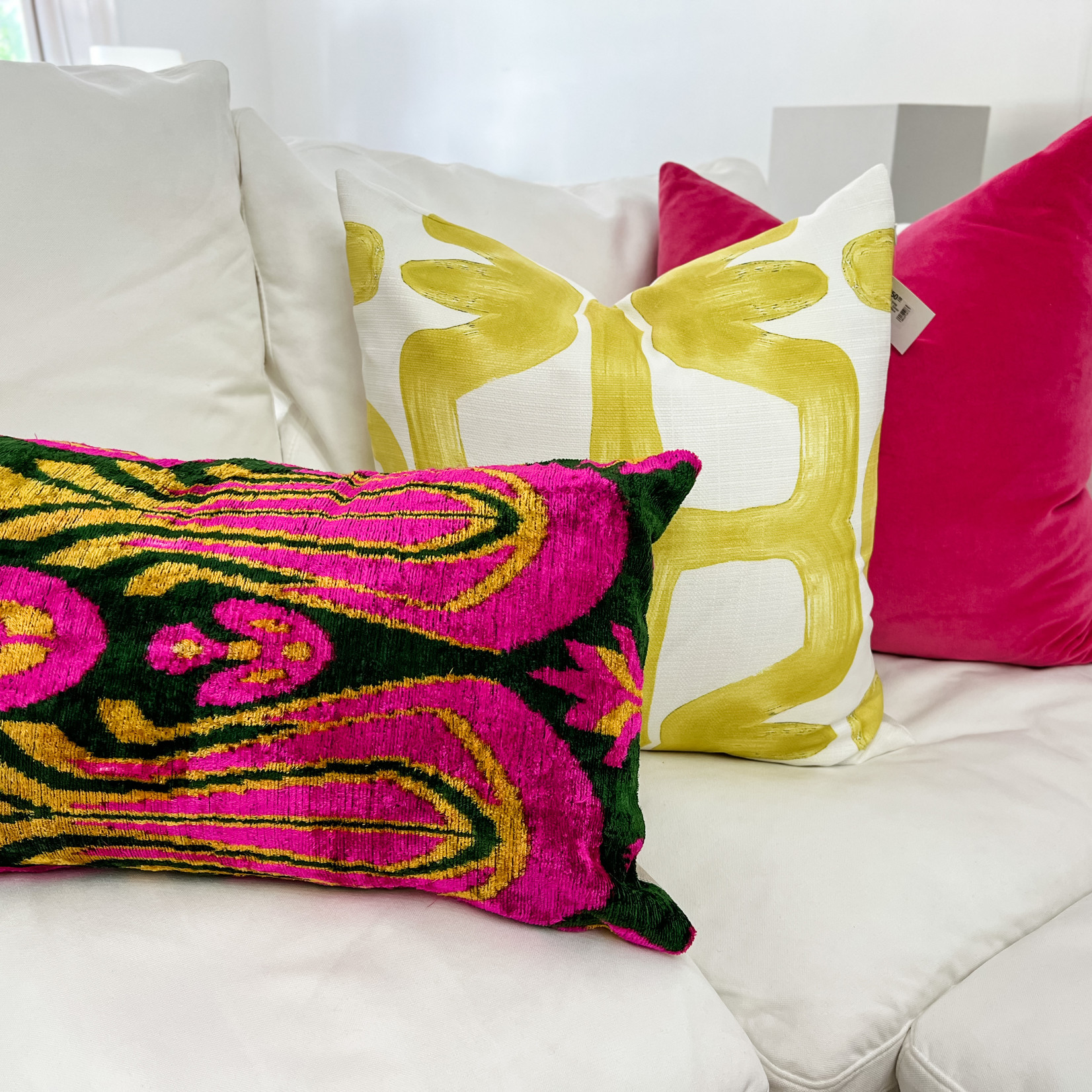 Vintage - Pink Silk Ikat Pillow with Tulip Pattern Large Lumbar